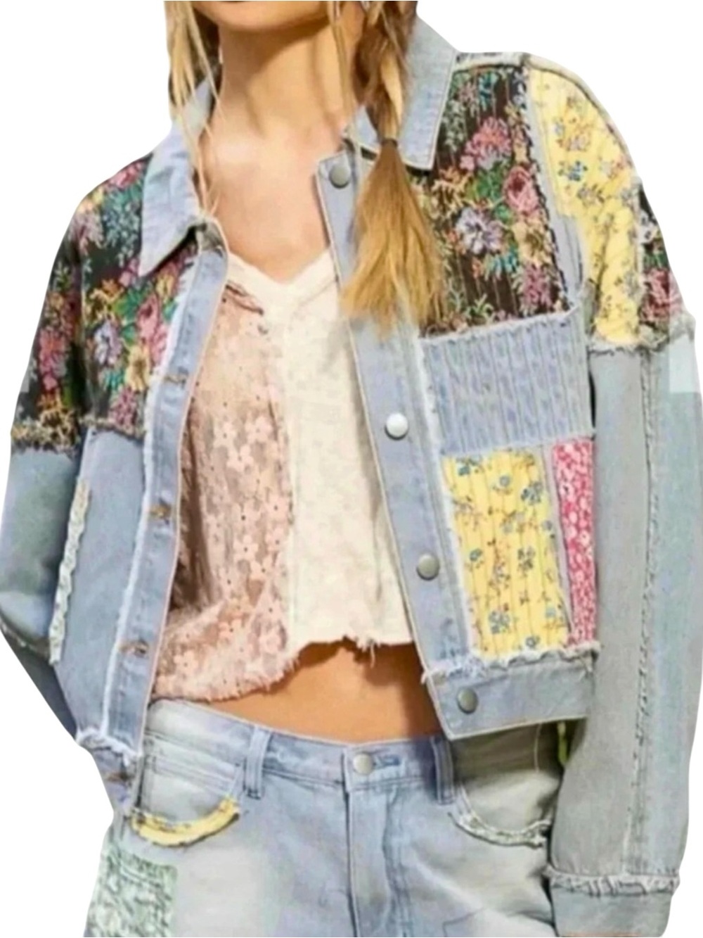 POL Patchwork Denim Jacket Small Boho Cropped Floral NWT - Picture 3 of 14